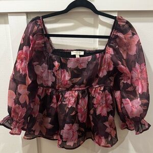 Thirty/Thirty Blouse Womens Medium Black Floral Square Neck Balloon Sleeve Top